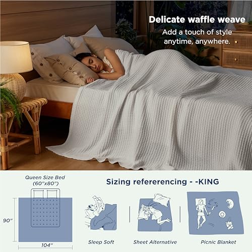 Bedsure 100% Cotton Blankets King Size for Bed - Waffle Weave Blankets for Summer, Lightweight and Breathable Soft Woven Blankets for Spring, White, 104x90 inches