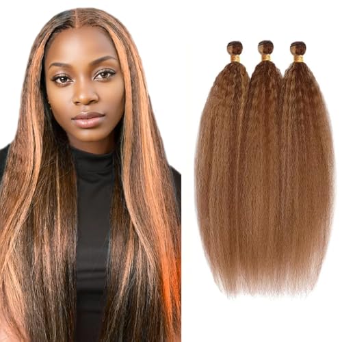 Freiuoke P430 Highlight Brown Kinky Straight Hair Bundles 16-20 Inch, 3-Pack Brazilian Virgin Human Hair Extensions