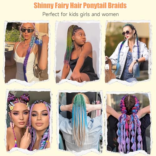 Ombre Hair Extensions Hair Tinsel Colored Hair Ponytail with Hair Tie, High Temperature Synthetic Crochet Braided Ponytail Extension, 26" Glitter Hair Accessories for Girls Women Crazy Hair Day (#17)