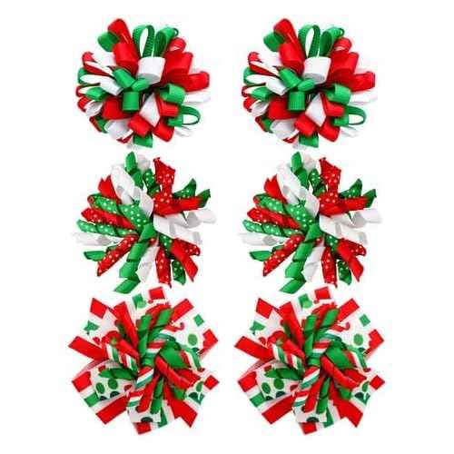 JUNEBRUSHS 6 Pcs Christmas Hair Bows Clips, Red Green White Ribbon Curly Hair Accessories for Girls Christmas Favor Gift Holiday Decor Accessory