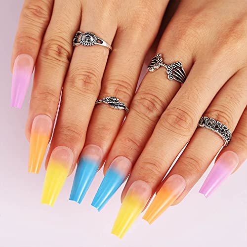 Blufly Colorful Long Press on Nails Glossy Coffin Fake Nails Designed Cute Ballerina Full Cover Acrylic False Nails Tips for Women and Girls 24Pcs (Colorful Ombre)