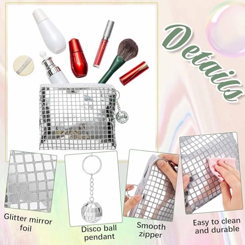 20 Pack Disco Makeup Bags Pop Star Party Favors Portable Glitter Sequin Mirror Cosmetic Organizer with Zipper, Suit for Bachelorette New Years Eve 70s, 80s, 90s Disco Party Favor (Silver)