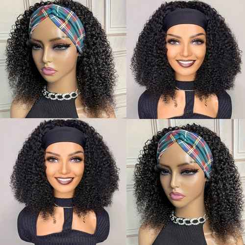 Headband Wig Human Hair Kinky Curly Headband Wigs for Black Women Human Hair Headband Wig Curly Human Hair Wigs Brazilian Virgin Hair Wear and Go Glueless Wig Natural Color 150% Density 14 Inch