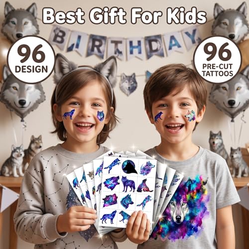 96 PCS Pre-Cut Wolf Temporary Tattoos for Kids