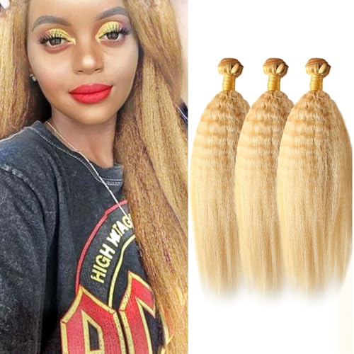 30 32 34 inch P27/613 Human Hair Bundles Blonde Kinky Straight Bundle 2 Tone #27 Mixed With #613 Yaki Straight Bundles