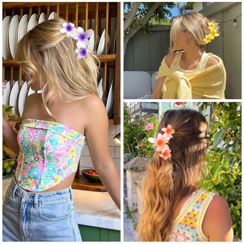 WHAVEL Hawaiian Flower Hair Accessories for Women: 4PCS Strong Hold Hibiscus Plumeria Claw Clips for Thick Hair, Summer Beach Style