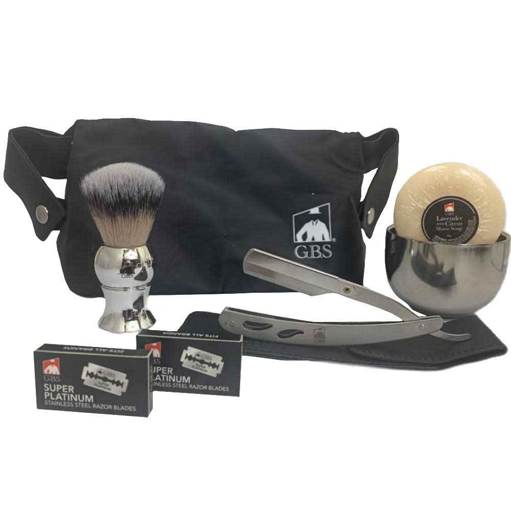 G.B.S Men’s Wet Shaving Kit, Interchangeable Shaving Razor, Synthetic Badger Hairbrush, Mesh Travelling Toiletry Bag, Shavette Razor