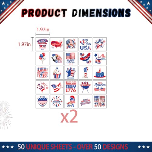 4th of July Temporary Tattoos - 96 Waterproof Patriotic Designs