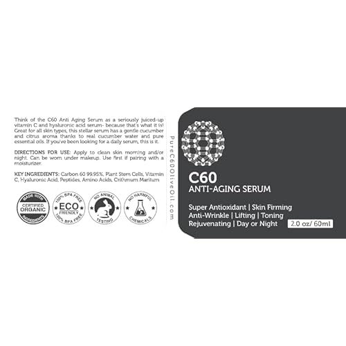 C60 Anti-Aging Face Serum 60ml with Hyaluronic Acid, Plant Stem Cells, Peptides, Vitamins B + C & Anti Aging Wrinkle Complexes for Men & Women Made with Organic Ingredients