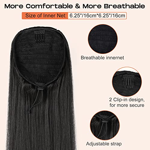 SEIKEA 28" Ponytail Extensions Drawstring Long Straight Fake Pony Tail Natural Soft Clip in Hair Extension Synthetic Heat Resistant Hairpiece - Black