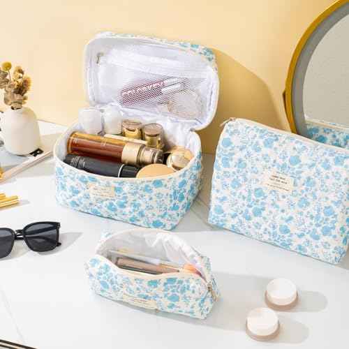 Makeup Bag for Women 3PCS Quilted Cotton Make Up Bag Travel Cosmetic Bag Large Makeup Bag Set Cute Bag Organizer Floral Toiletry Pouch for Purse, Azure Blue