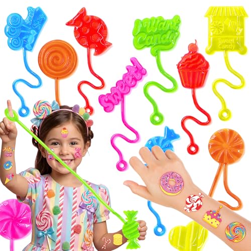 48PCS Candy Land Party Favors - 24PCS Temporary Tattoos & 24PCS Stick Hands Party - Perfect Birthday Party Supplies, Goodie Bag Stuffers, Treasure Box Toys, Classroom Prizes, and Student Gifts