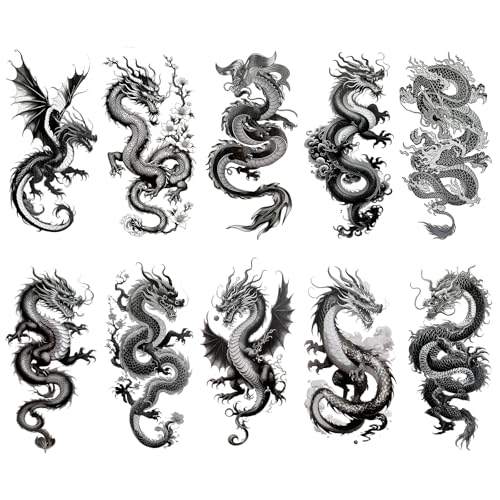 Konsait Large Dragon Temporary Tattoos for Men Women, 10 Sheet Half Arm Set