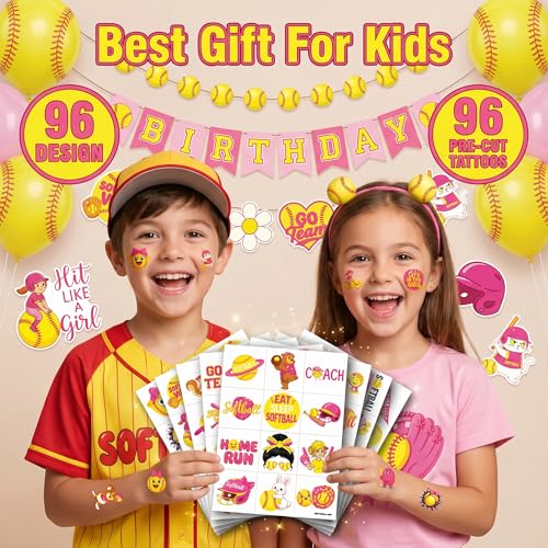 96PCS Softball Temporary Tattoos for Kids - Waterproof Sports Party Favors