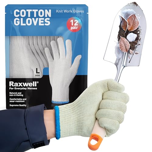 Raxwell Premium White Cotton Knit Gloves - 12 Pairs, Size Large