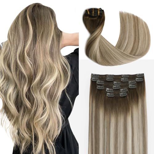 Sindra Hair Extensions Real Human Hair Clip ins 14Inch Balayage Dark Brown Ombre Light Brown Blonde Clip in Hair Extensions Real Human Hair Remy Straight For Woman 100G 6Pcs(clip#3/8/22-14inch)