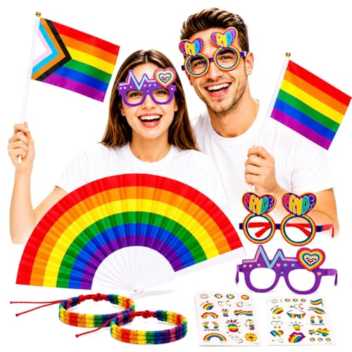 Pride Party Kit: 2 Glasses, Rainbow Flags, Bracelets & Tattoos