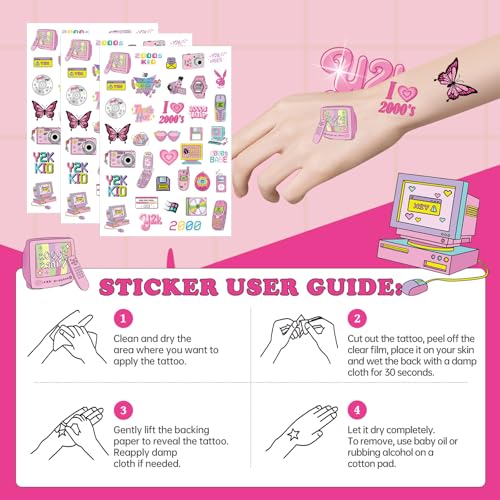 Y2K Temporary Tattoos - 200+ Designs, 8 Sheets for Party