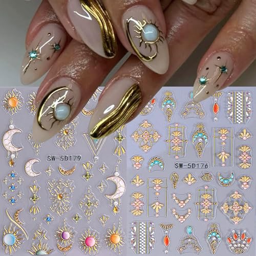 Sun Moon Star 5D 3D Embossed Nail Art Stickers (9 Sheets) - Bohemian Decals