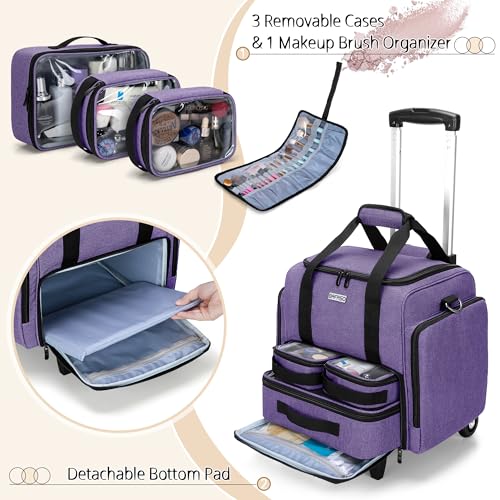 Rolling Makeup Case with 3 Removable Pouches, Purple