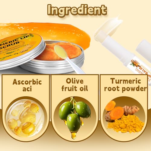 Turmeric Lip Scrub & Balm Set with Brush - Exfoliating Lip Care