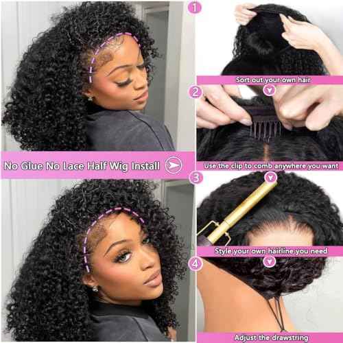 Half Wig Human Hair Afro Kinky Curly Wigs for Black Women 200 Density Glueless Wigs 100% Human Hair Ready to Go 3 In 1 Seamless Flip Over Drawstring Headband Wig for Women Clip in No Sew In 22 Inch