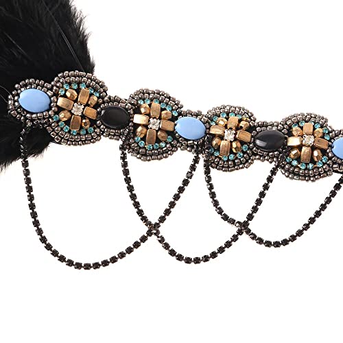 Bubbmi 1920s Flapper Girls Headband Black Feather Headpiece, Great Gatsby Hairband with Rhinestone, Costume Accessories for Women Showgirl Parties (HD6017black)