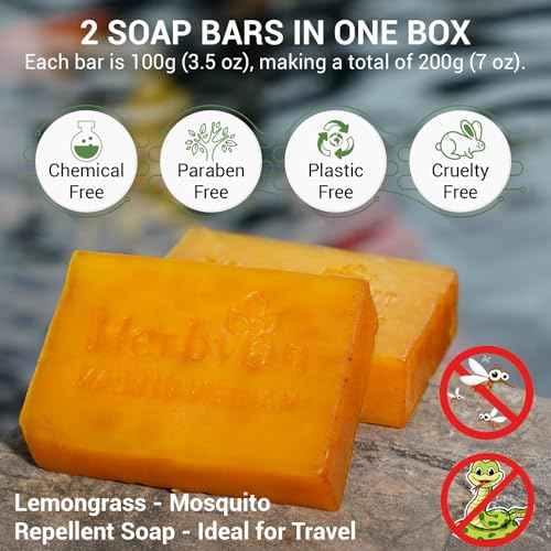100% Natural Turmeric Soap Bar for Face and Body, Warmth Lemongrass Mosquito Repellent Soap, Vietnamese Back Acne Bath Body Soap, Anti-Acne Cleansing Healthy for All Type Skins (Pack 2)