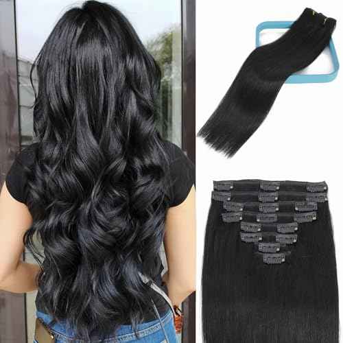 LORIEN Clip in Hair Extensions Real Human 100g 100% Brazilian Remy on 8pcs Per Set with 18Clips Double Weft (18 Inch, #1 Jet Black Color)