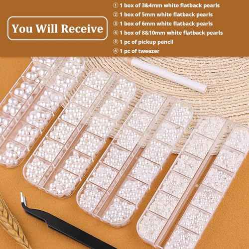 4 Boxes Flatback Pearls for Crafting, Flatback White Half Round Pearls 3-10mm with Pickup Pencil and Tweezer for Home DIY and Professional Nail Art, Face Makeup and Craft