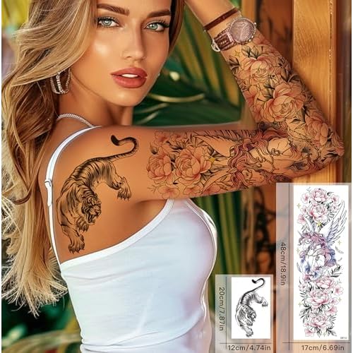 Christmas 6 Sheets Full Arm and 8 Sheets Half Arm Temporary Tattoos for Men Adults, Flower Temp Tattoos Sleeve For Women, Waterproof Body Arm Chest Shoulder Floral Fake Tattoo Stickers