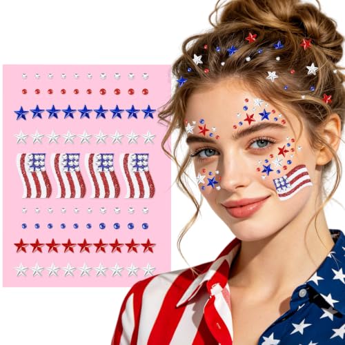 Patriotic Face Gems Stickers - 80pc Red White Blue Rhinestones