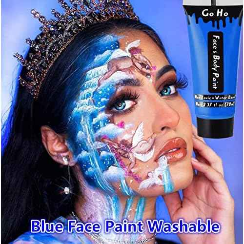 Go Ho Royal Blue Face Body Paint Washable(2.37oz/pc),Water Based Cream Blue Face Paint,Smurf Mystique Avatar Clown Makeup,Blue Body Paint for SFX Cosplay Costumes Festivals Halloween Makeup