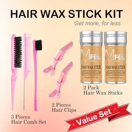 MULAFEE Hair Wax Stick Kit 7 Pcs, Wax Stick for Smooth Hair Wigs, Non-Greasy Styling Wax for Fly Away and Edge Frizz, Hair Slick Stick with Comb & Hair Clips Set