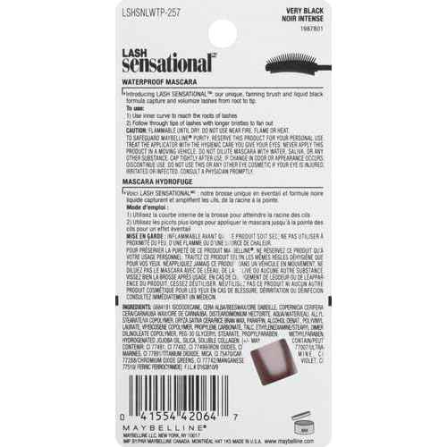 Maybelline Lash Sensational Waterproof Mascara, Lengthening and Volumizing for a Full Fan Effect,Very Black, 1 Count