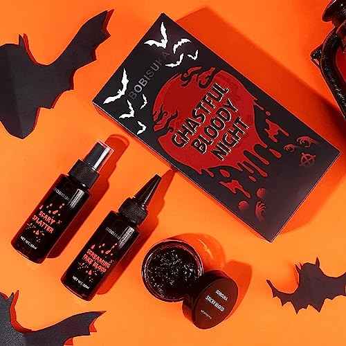 BOBISUKA 3PCS Halloween Fake Blood Makeup Kit - Coagulated 1.41oz + Spray 1.76oz + Dripping 1.76oz, Realistic Washable SFX Makeup for Zombie Monster Mouth Clothes Dress Up
