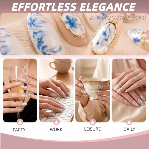 Press On Nails Almond Blue Floral French Tip 24pcs – Taoyiset Reusable Full-Cover Faux Nails