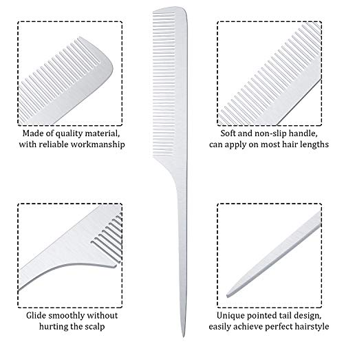 2 Pieces Metal Rat Tail Hair Styling Combs - Silver Fine Teasing Pintail Barber Combs for Cutting and Styling, Stainless Steel