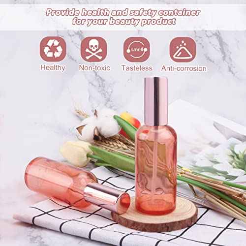 6 Pack 3.4 Oz Pink Glass Spray Bottles,Empty Perfume Fine Mist Atomizer,Refillable Travel Liquid Holder Containers for Cleaning Products,Essential Oils,Body Sprays-Rose-Golden Sprayer