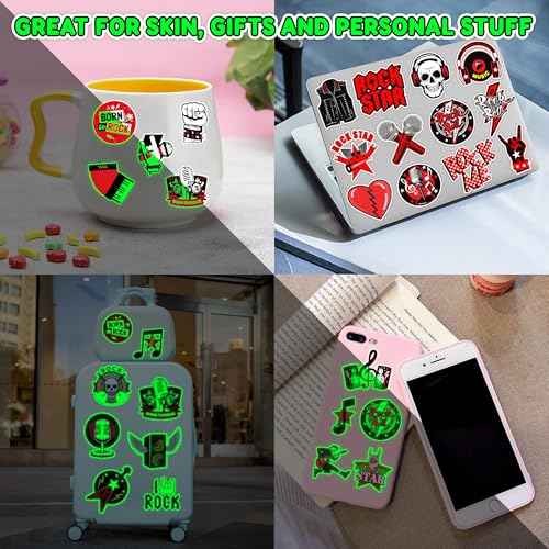 96PCS Born To Rock N Roll Rocks Luminous Glow in the Dark Temporary Tattoos Themed Music Band Birthday Party Decorations Favors Supplies Decor Rockstar Guitar Stickers For Kids (Glow in the dark)