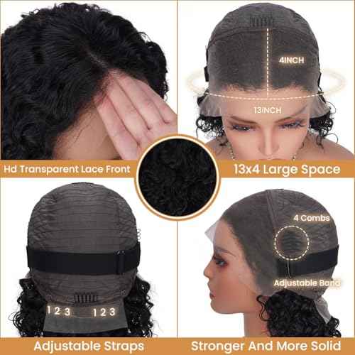 13x4 Deep Wave Lace Front Wigs Human Hair Pre Plucked 180% Density 9A Glueless Wigs Human Hair Wet and Wavy Wigs for Women HD Transparent Deep Curly Lace Front Wigs Human Hair 10 Inch