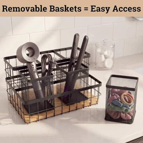 HB Design Co. Black Breathable Metal & Bamboo Hair Tool Organizer - Heat-Resistant Countertop Storage for Hair Dryers, Straighteners & Curling Irons