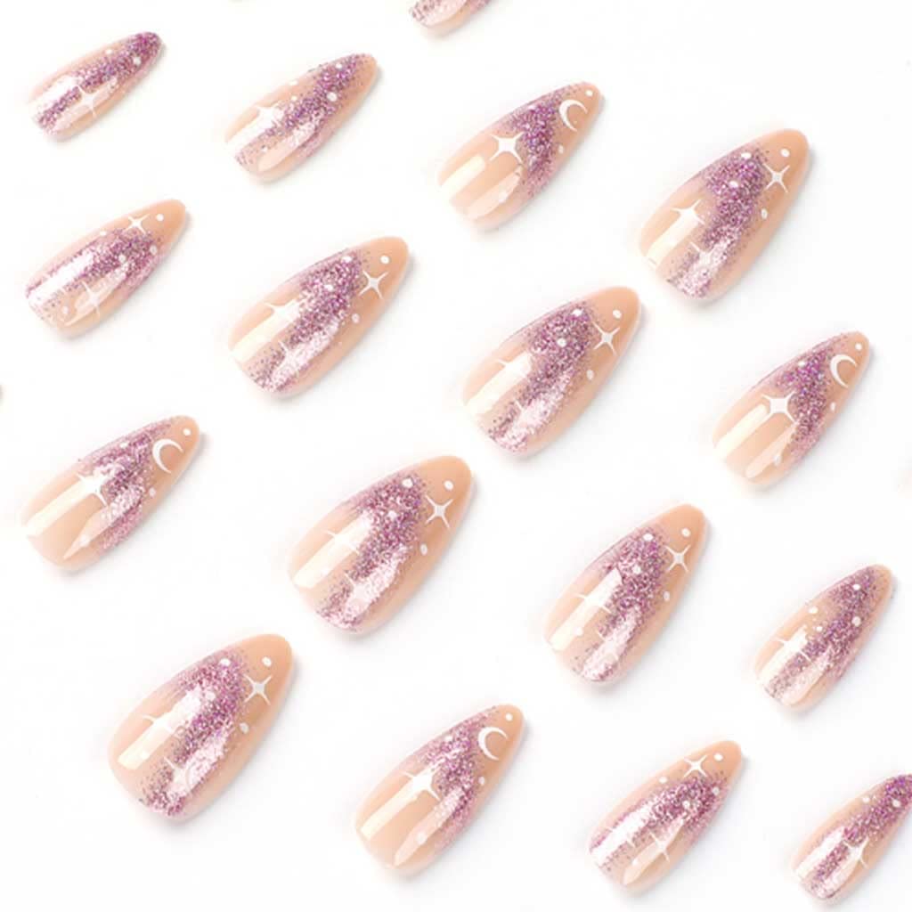 RikView French Tip Press on Meduim Acrylic Nails Almond Fake Nude Nails Purple Stick on Nails 24 PCs/Set