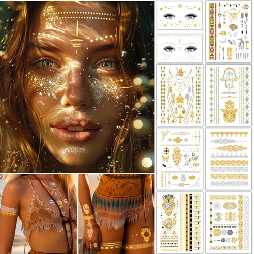 Gold Metallic Temporary Tattoos - 150+ Henna Stickers for Adults & Kids