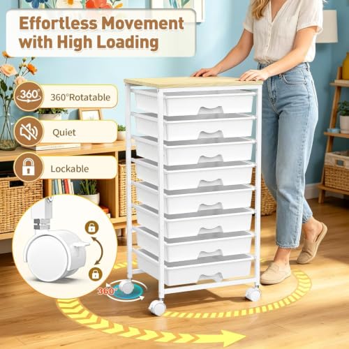 White SUNALLY 8-Drawer Rolling Cart for Craft Storage with Wooden Top