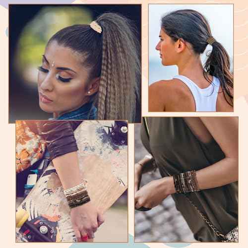20 PCS Boho Ponytail Holders - 4 Neutral Colors, 5 Styles Hair Bands & Bracelets for Women's Thick or Thin Hair, No Damage