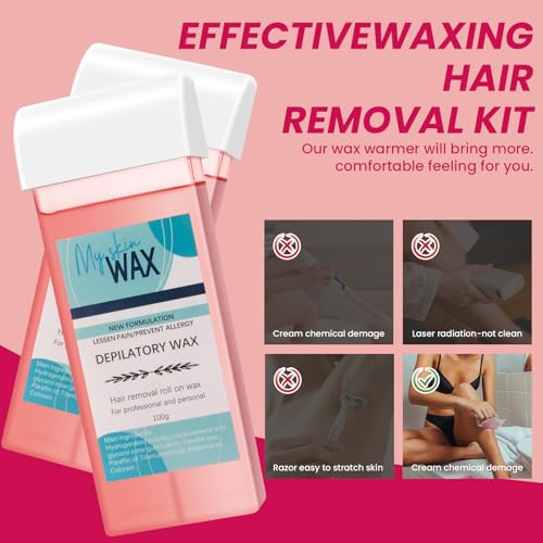 Wax Roller Kit, 4 Pcs Wax Cartridge Refills, Roll On Waxing for Coarse/Fine Hair Removal, Roller Waxing Kit for Women & Men Sensitive Skin, Hair Removal for Body Hair, Legs Arms at Home Kit