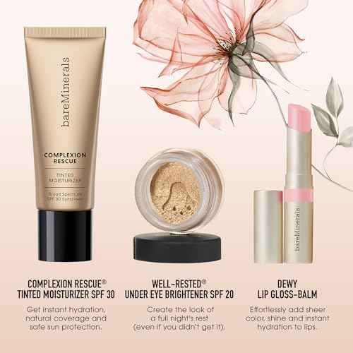 bareMinerals 3-Piece Clean Beauty Gift Set, Includes 3 Full-Sizes, Tinted Moisturizer Mineral SPF 30 + Hyaluronic Acid, Under-Eye Brightener + Concealer, Dewy Lip Gloss-Balm Set, Makeup Trio