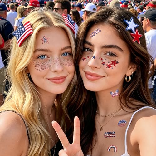 Glitter 4th of July Face Tattoos - Red White Blue Party Favors (18 Sheets)
