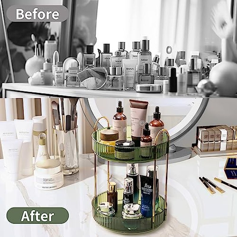 360 Rotating Makeup Organizer - 2 Tier Green Vanity Storage